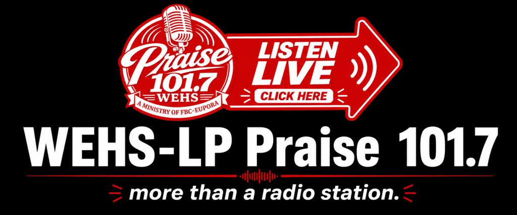 Logo for WEHS-LP Praise 101.7 featuring a microphone, text encouraging listeners to listen live, and the tagline 'more than a radio station' on a black background.