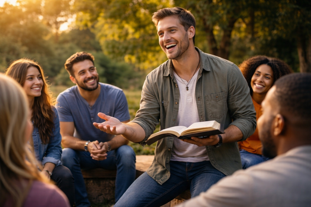 A group of five young adults sitting in a circle outdoors, engaged in conversation. One man in a green jacket is animatedly speaking while holding a book, and the others are smiling and listening attentively.