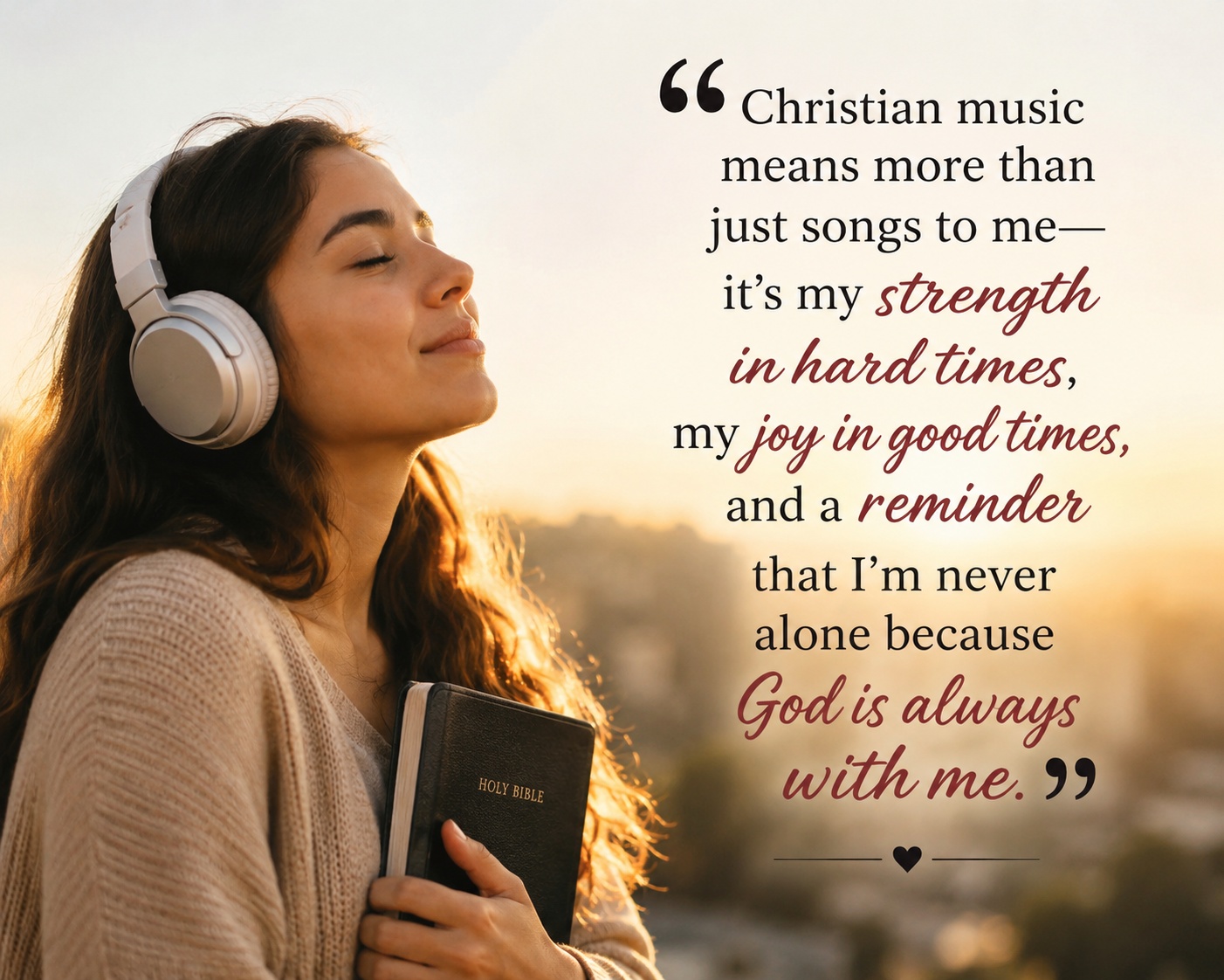 A young woman with headphones smiles peacefully while holding a Bible, with a warm sunset in the background and inspirational text about the significance of Christian music.