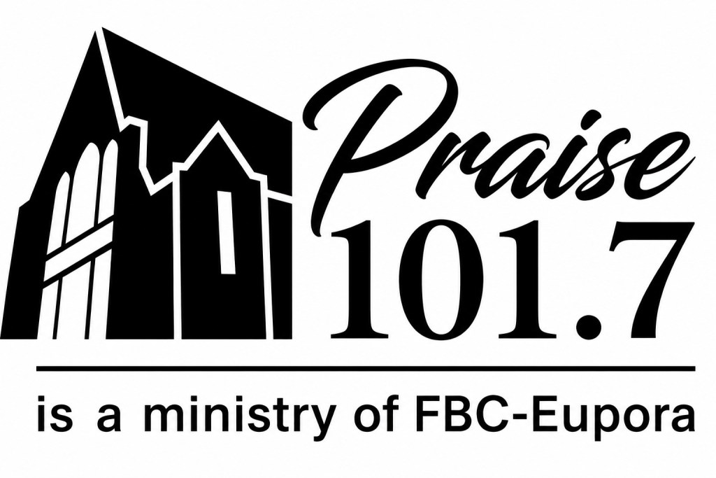 Logo for Praise 101.7, featuring a church silhouette and the text 'is a ministry of FBC-Eupora'.