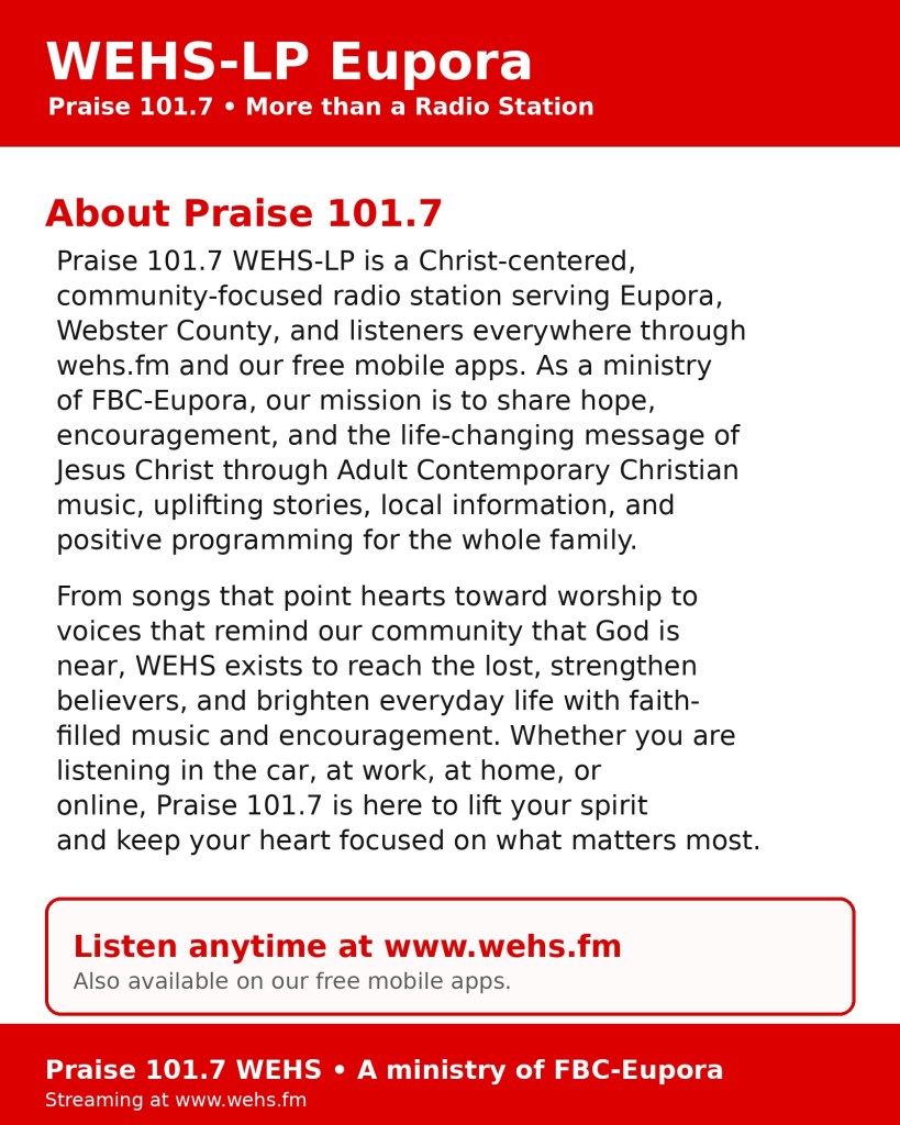 Promotional image for WEHS-LP Eupora, a community-focused Christian radio station, highlighting its mission to provide uplifting content and encouragement through adult contemporary Christian music.