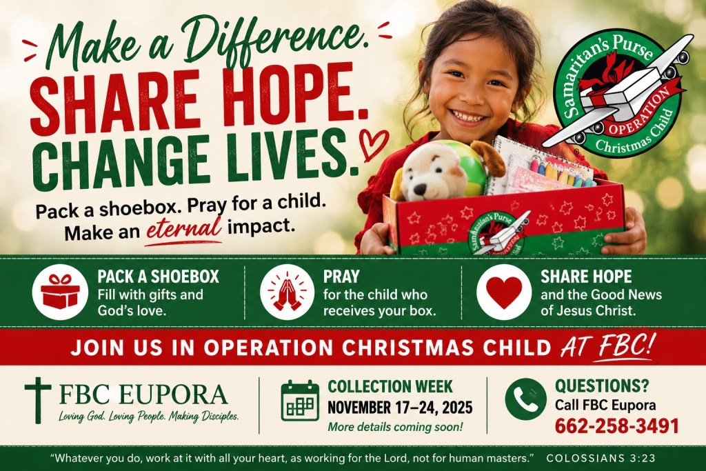 A young girl with a joyful expression holds a shoebox filled with gifts, including a teddy bear and school supplies, while promoting the Operation Christmas Child initiative by Samaritan's Purse.